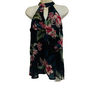 Japna womens blouse Halter  Floral print Top Sz Small key hole back zipper
